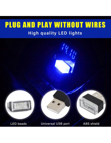 Augeny Lámpara LED USB para Automóvil 4 Pcs Azul