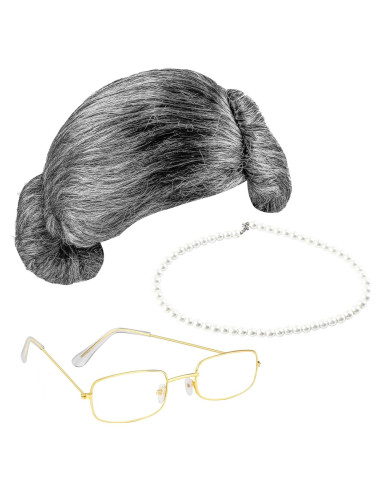 Cooraby Disfraz Abuela 3 Piezas Peluca Gafas Collar