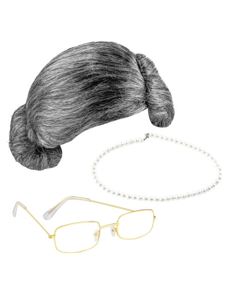 Cooraby Disfraz Abuela 3 Piezas Peluca Gafas Collar