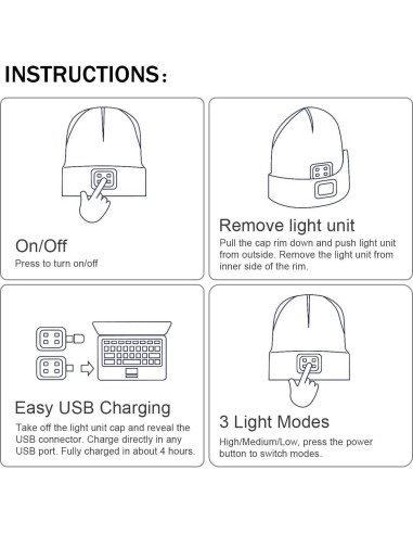 Gorro LED YunTuo unisex con luz recargable USB naranja