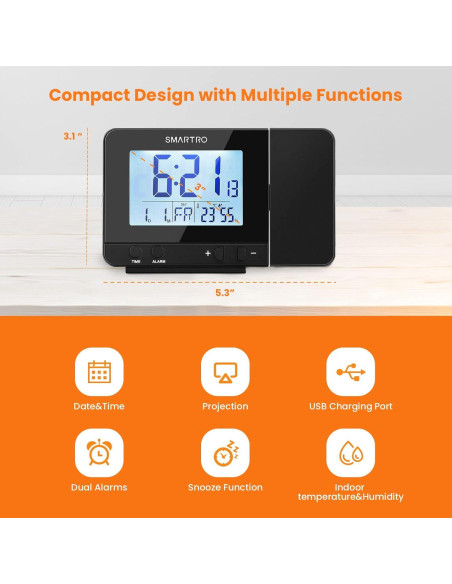 Reloj Despertador Digital SMARTRO con Proyector y USB