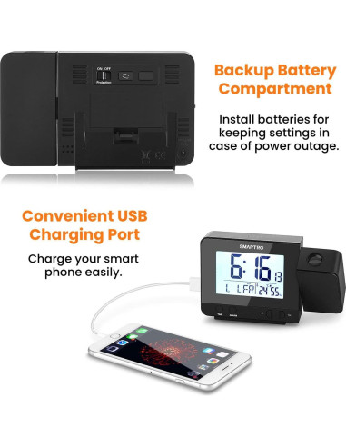 Reloj Despertador Digital SMARTRO con Proyector y USB