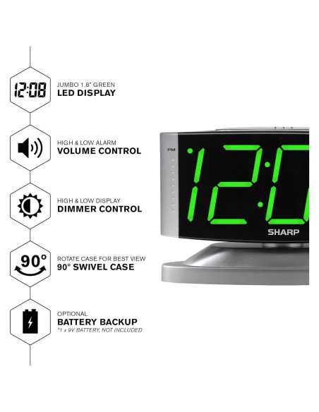 Reloj Despertador Digital SHARP LED Verde - Base Giratoria