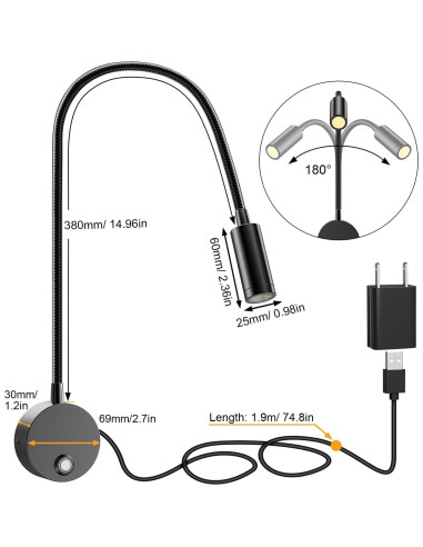 Luz de Lectura LED ERAY 15" (38 cm) Regulable con USB - Paquete de 2