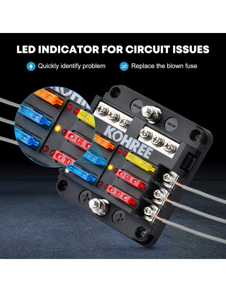 Bloque de Fusibles Marinos Kohree 6 Vías 12V Impermeable