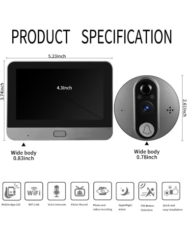 Cawhun Visor de Puerta Inteligente WiFi 1080P LCD 4.3"