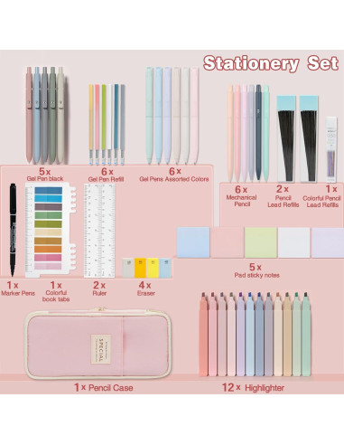 Kit de Suministros Escolares 52 Piezas HRFGWDD Rosa