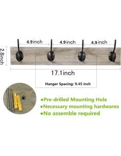 Perchero de pared Sageme rústico de pino con 4 ganchos 2