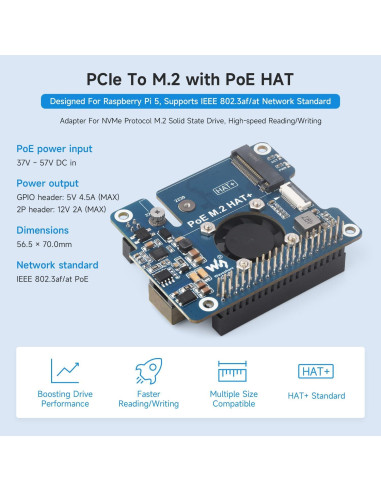 Adaptador NVME PCIe a M.2 PoE para Raspberry Pi 5