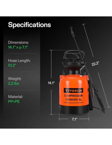 Pulverizador de Presión VIVOSUN 3L Naranja con Correa Ajustable