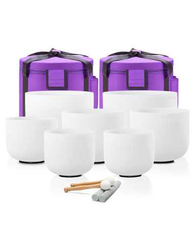 Juego de 7 Cuencos de Cuarzo Cristal 432HZ con Accesorios