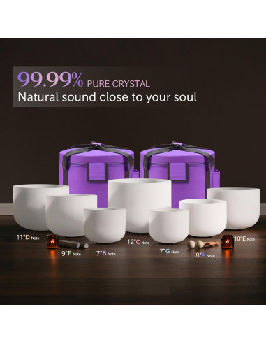 Juego de 7 Cuencos de Cuarzo Cristal 432HZ con Accesorios