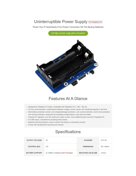 UPS HAT Waveshare para Raspberry Pi 5V 5A Alimentación UPS HAT Waveshare para Raspberry Pi 5V 5A Alimentación