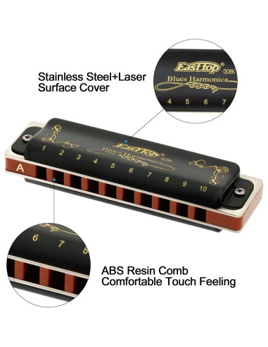 Armónica Diatónica East Top 10 Agujeros Clave de A Negra