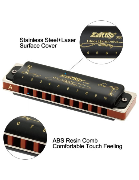 Armónica Diatónica East Top 10 Agujeros Clave de A Negra