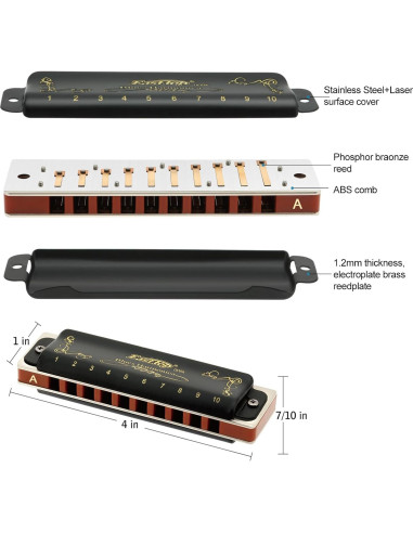 Armónica Diatónica East Top 10 Agujeros Clave de A Negra