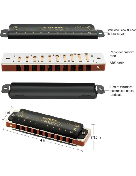 Armónica Diatónica East Top 10 Agujeros Clave de A Negra