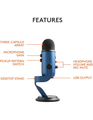 Micrófono USB Logitech Blue Yeti 4 Patrones Polares - Azul