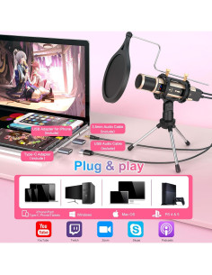 Micrófono de Estudio ZealSound K08U Oro con Soporte y USB 2