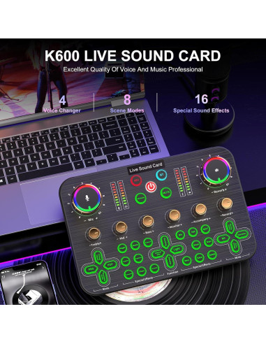 Mezclador de Audio Facmogu K600 para Streaming y Podcasting