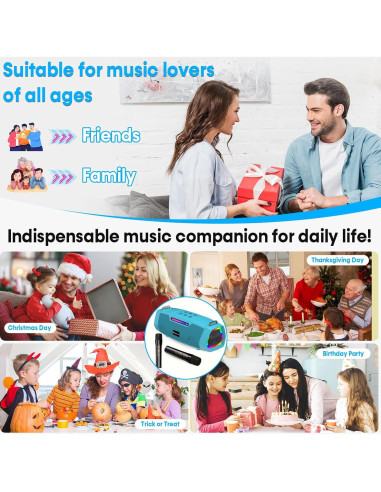 Máquina de Karaoke Portátil 60W - Azul con 2 Micrófonos