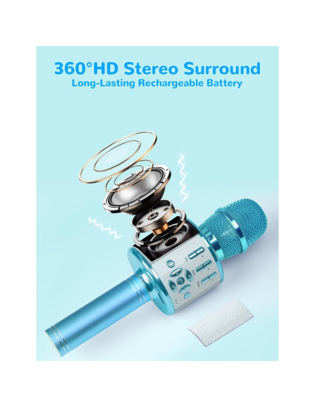 Micrófono Karaoke Amazmic Azul Bluetooth con Luces LED