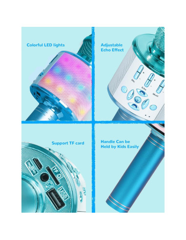 Micrófono Karaoke Amazmic Azul Bluetooth con Luces LED