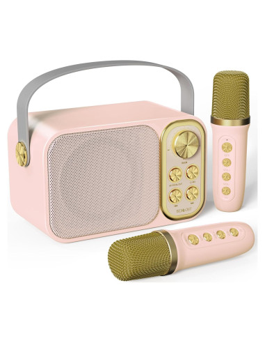 Mini máquina de karaoke BESCOST rosa con 2 micrófonos