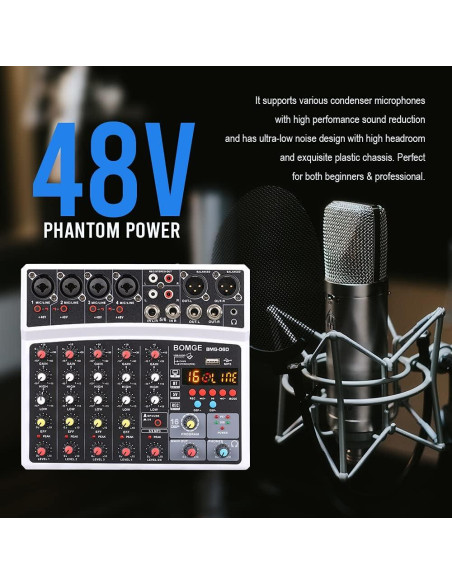 BOMGE Consola de Mezcla 6 Canales Bluetooth USB 48V