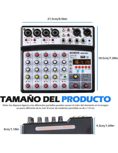 BOMGE Consola de Mezcla 6 Canales Bluetooth USB 48V