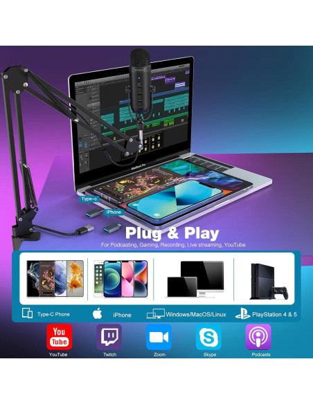 Micrófono Gaming USB ZealSound K66 con Brazo Soporte Negro