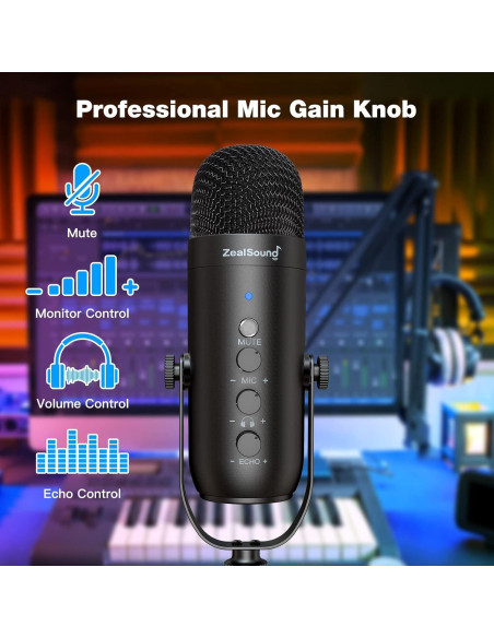 Micrófono Gaming USB ZealSound K66 con Brazo Soporte Negro