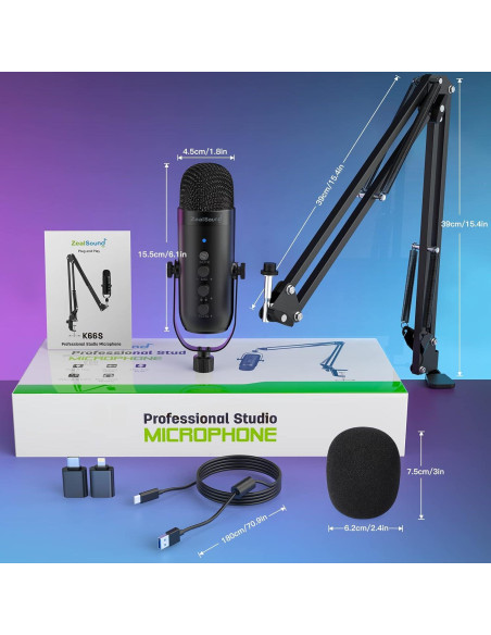 Micrófono Gaming USB ZealSound K66 con Brazo Soporte Negro