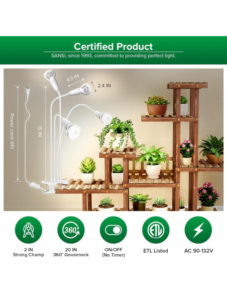 Luz LED de Cultivo SANSI 40W con Brazo Flexible y Espectro Completo