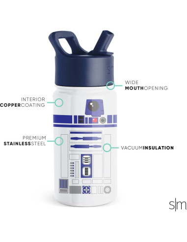 Botella de Agua Simple Modern R2D2 414ml con Tapa de Popote