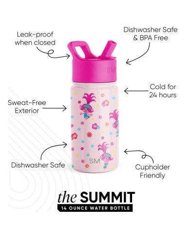 Botella de Agua Aislada Simple Modern Trolls 400ml con Popote