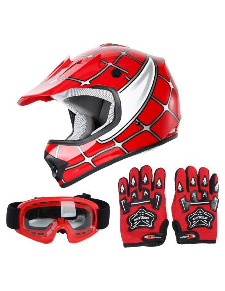 SLMOTO Casco Motocicleta Niños Grande Araña Roja + Gafas + Guantes