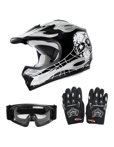 SLMOTO Casco Infantil Motocross Calavera Negra + Gafas + Guantes