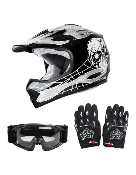 SLMOTO Casco Infantil Motocross Calavera Negra + Gafas + Guantes