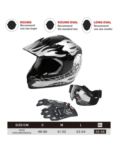 SLMOTO Casco Infantil Motocross Calavera Negra + Gafas + Guantes