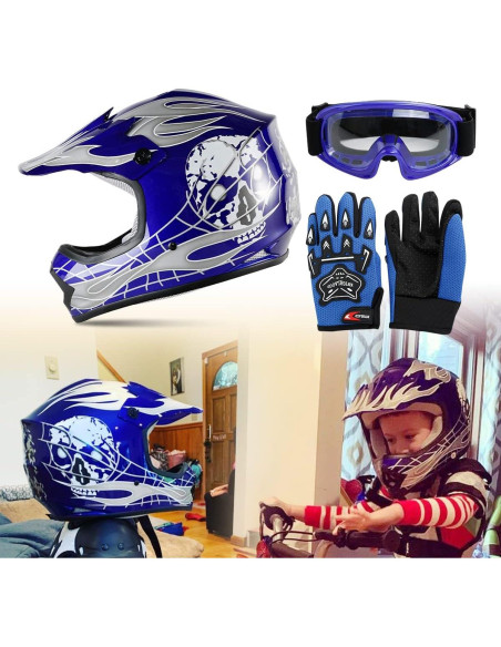 Casco Infantil SLMOTO X-Grande Calavera Azul + Gafas + Guantes