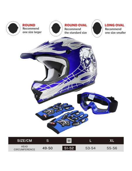 Casco SLMOTO para Niños Mediano Calavera Azul + Gafas + Guantes