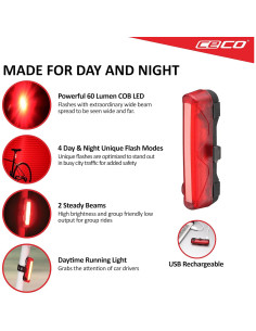 Luz Trasera Recargable USB CECO TC60 60 Lúmenes IP67 Rojo 2