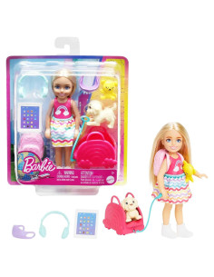 Muñeca Chelsea Barbie Set de Viaje con Cachorro y 6 Accesorios
