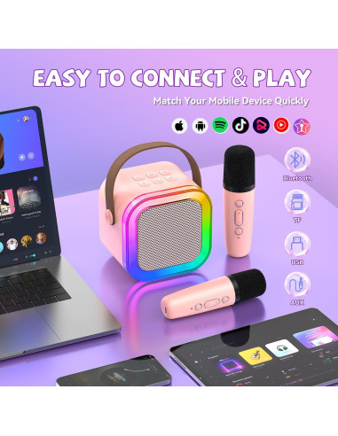 Mini Máquina de Karaoke CscyyAmz Rosa 2 Micrófonos Bluetooth