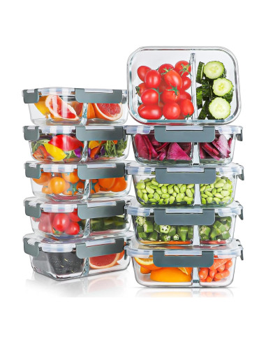 10 Contenedores de Vidrio KOMUEE 30oz con 2 Compartimentos