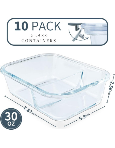 10 Contenedores de Vidrio KOMUEE 30oz con 2 Compartimentos