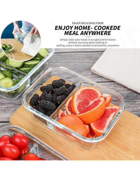 10 Contenedores de Vidrio KOMUEE 30oz con 2 Compartimentos