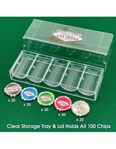100 Fichas de Póker Las Vegas en Bandeja Plástica Transparente