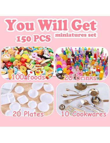 150 Piezas Miniaturas Comida y Bebidas para Muñecas 1:12